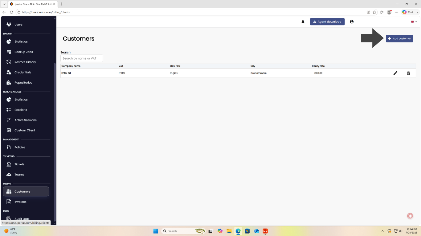 Iperius One Customers page with the list of customers