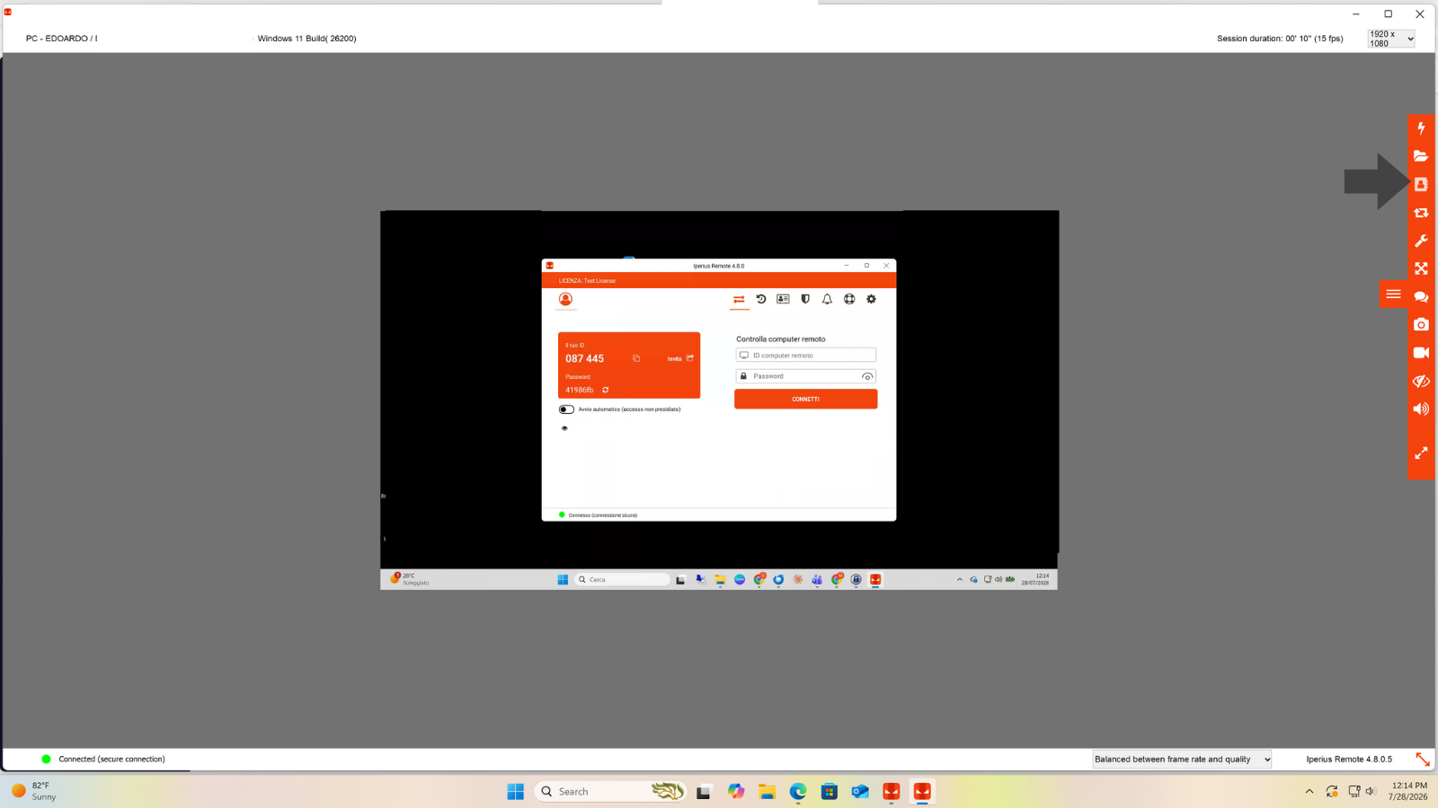 Iperius Remote remote session with toolbar