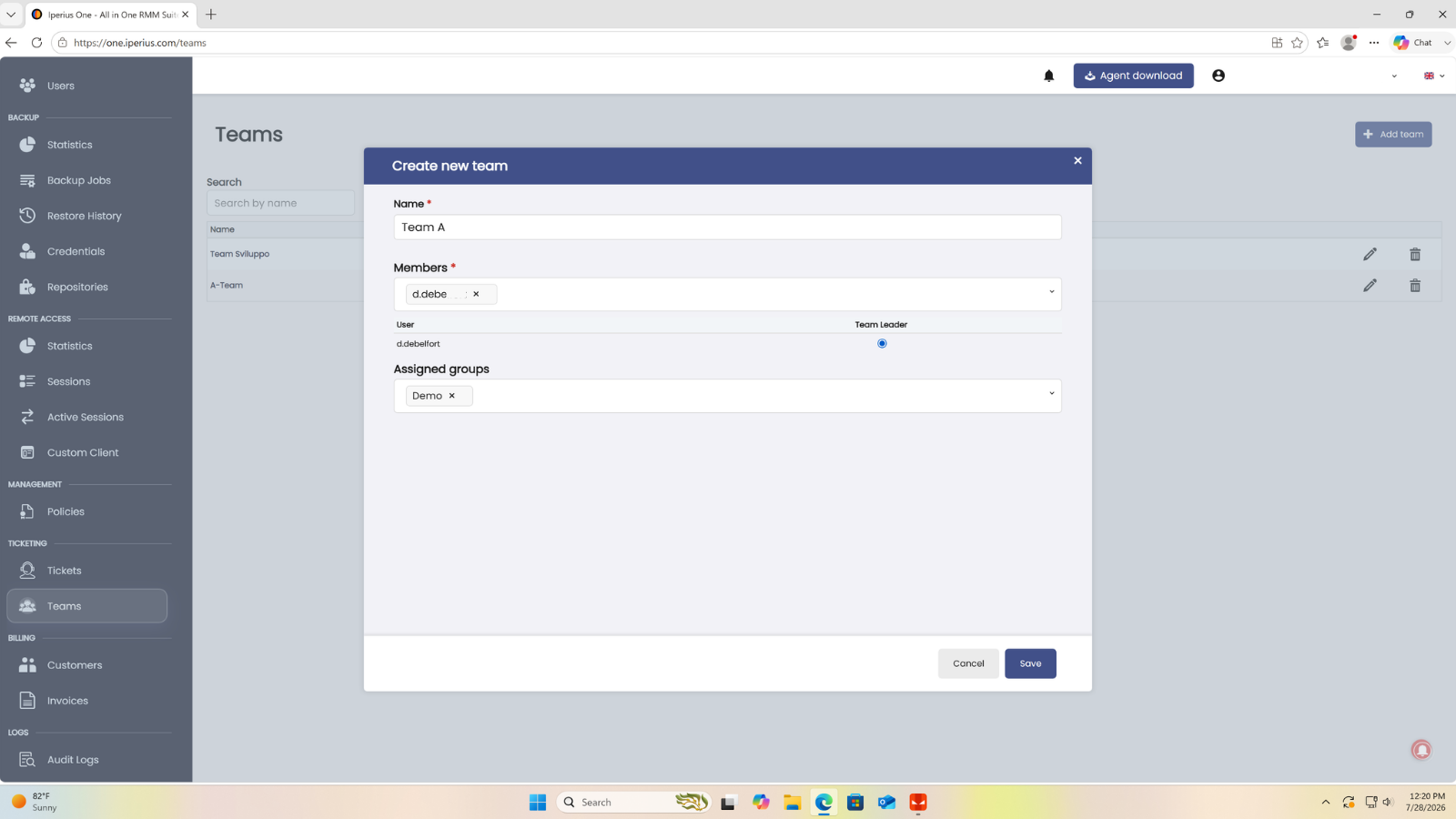 Creating a new team with members and assigned group in Iperius One