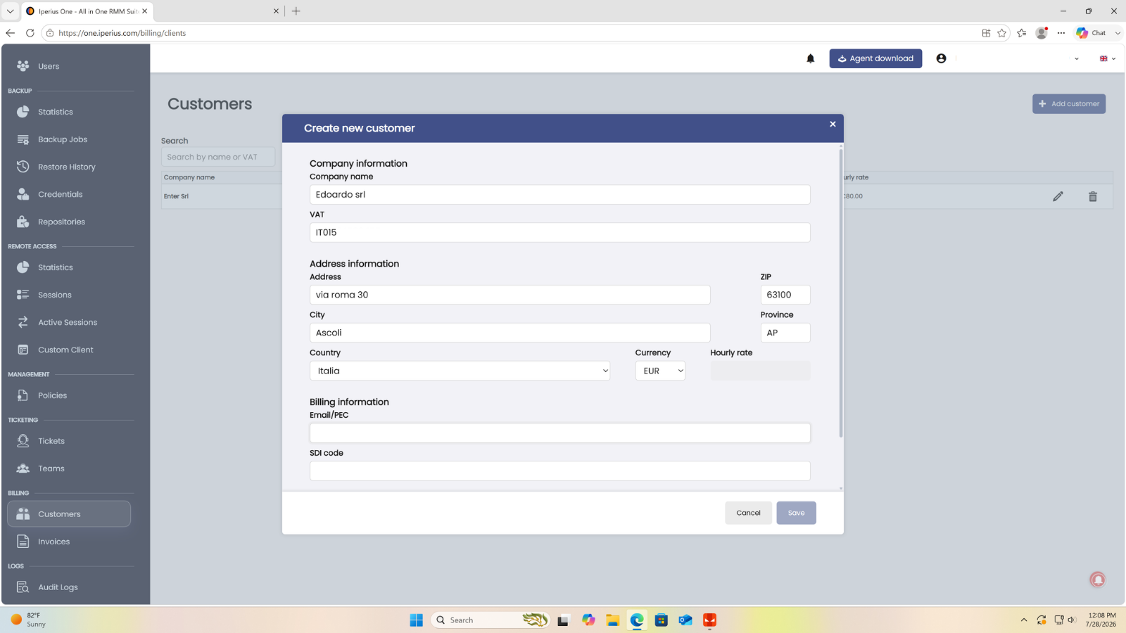 Customer data and hourly rate filled in Iperius One