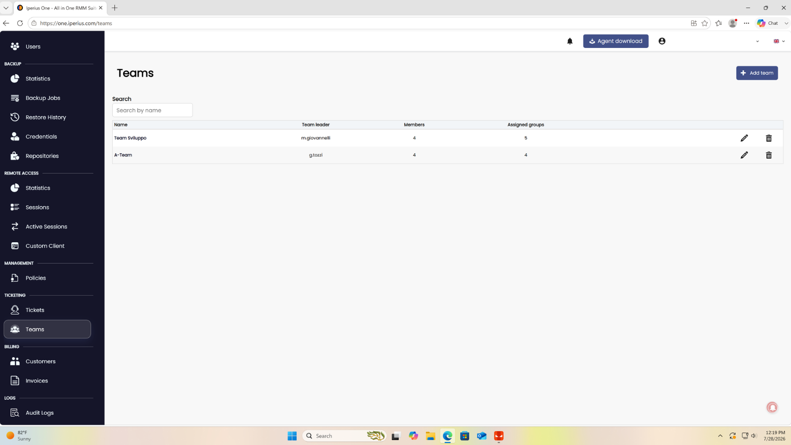 Iperius One Teams page with Add team button