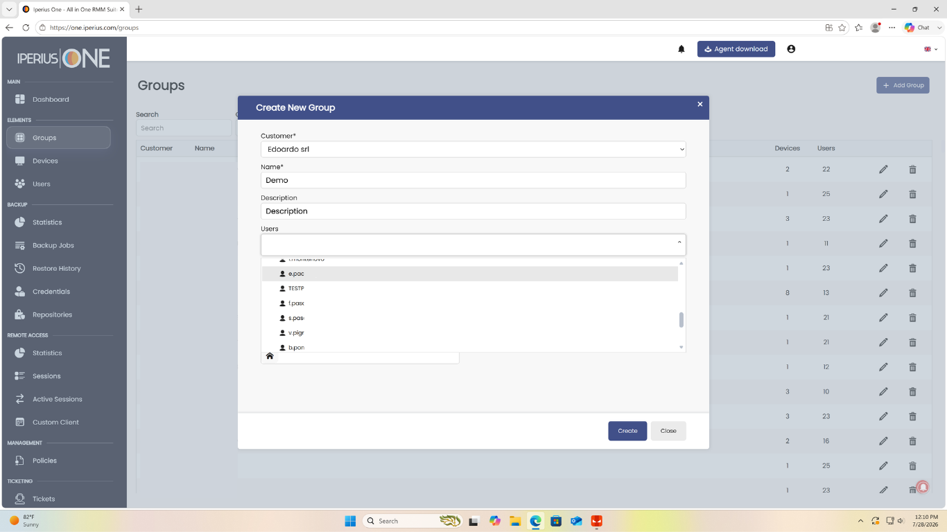 Client selection when creating a group in Iperius One
