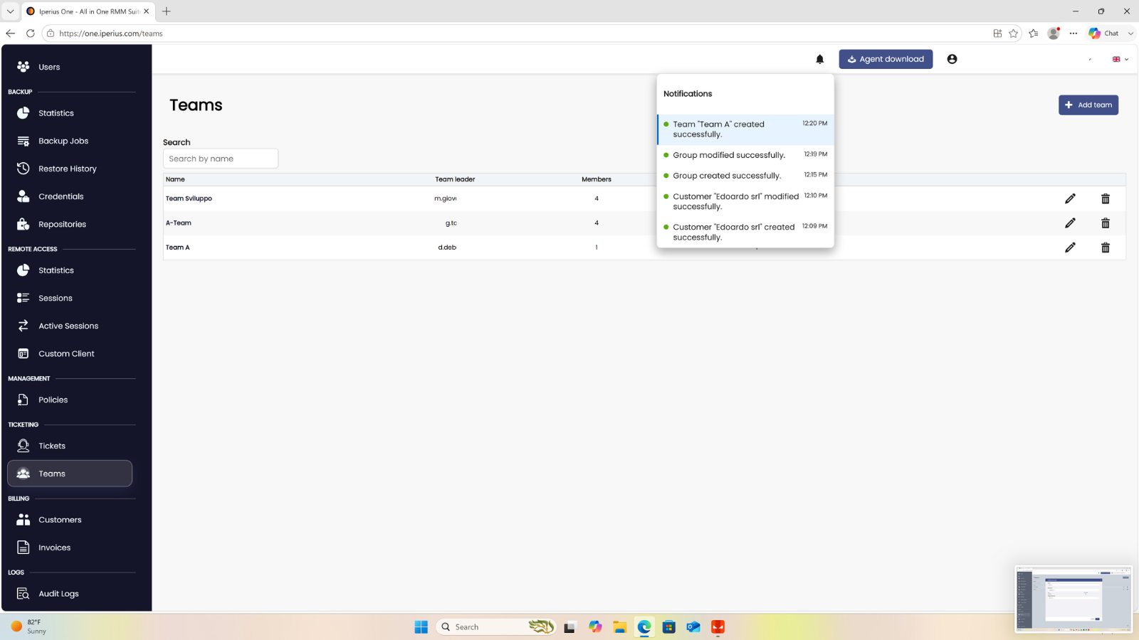 Team creation notification in Iperius One