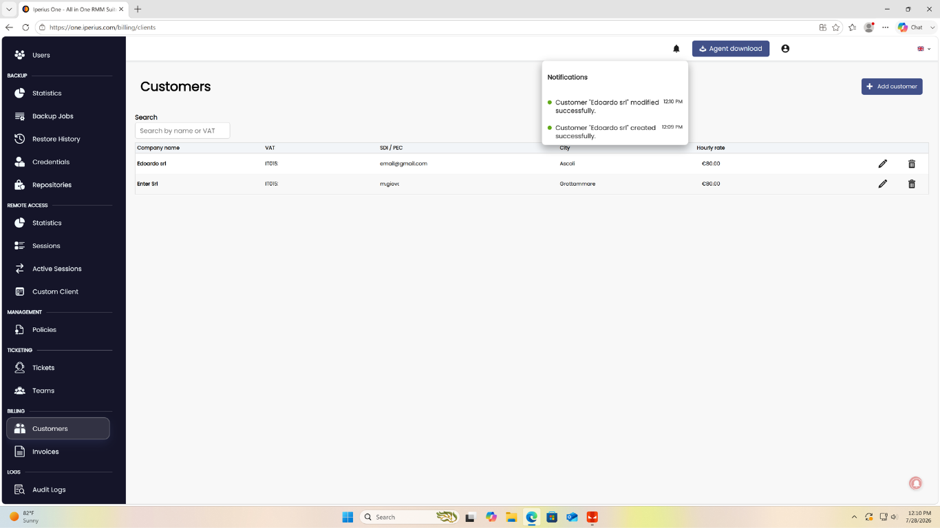 Client creation notification in Iperius One