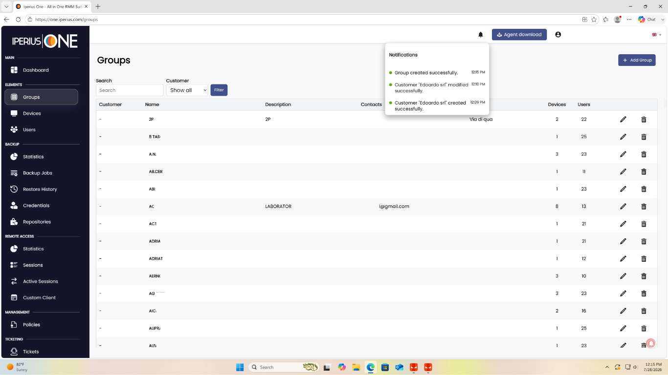 Group notification created successfully in Iperius One