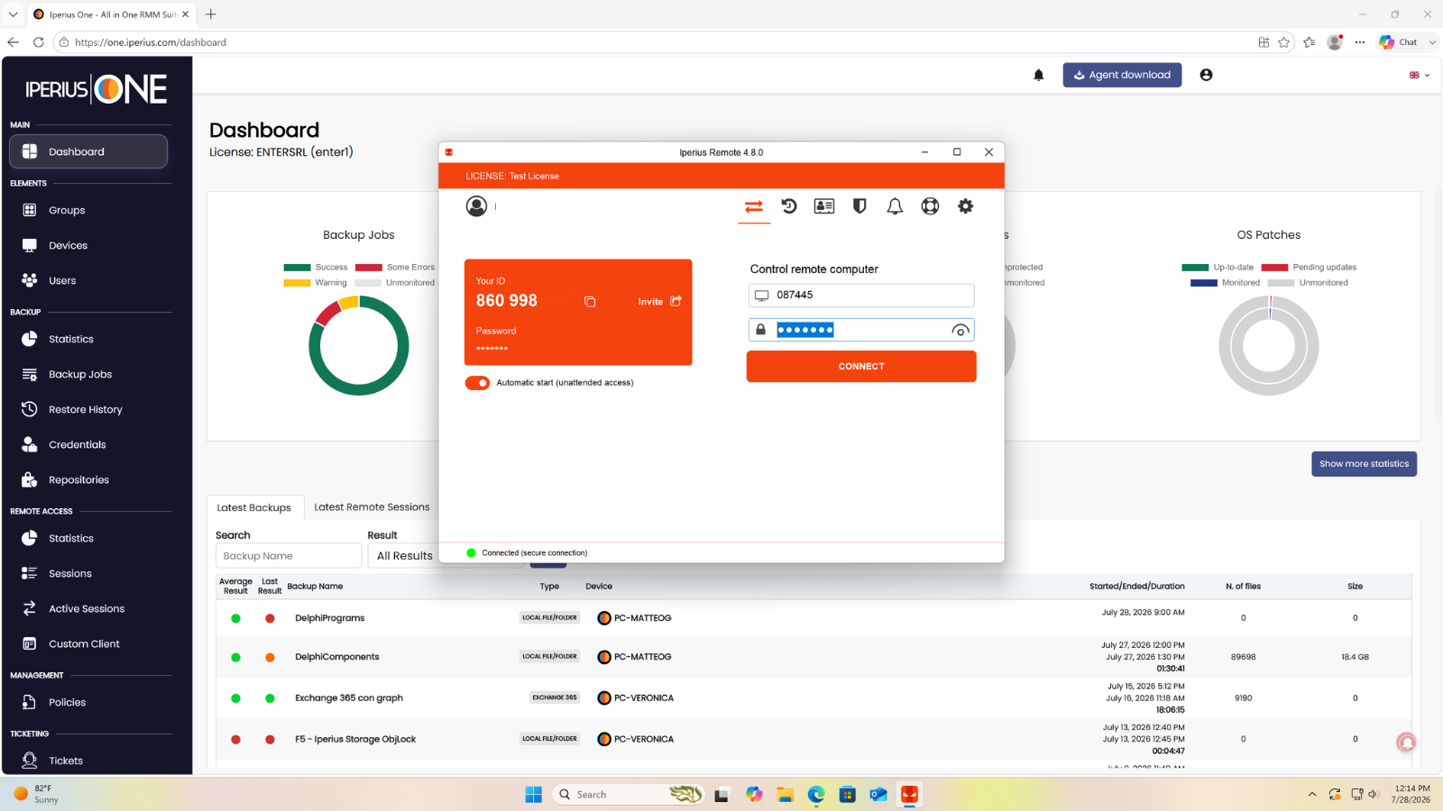 Connecting to a remote device using ID and password in Iperius Remote