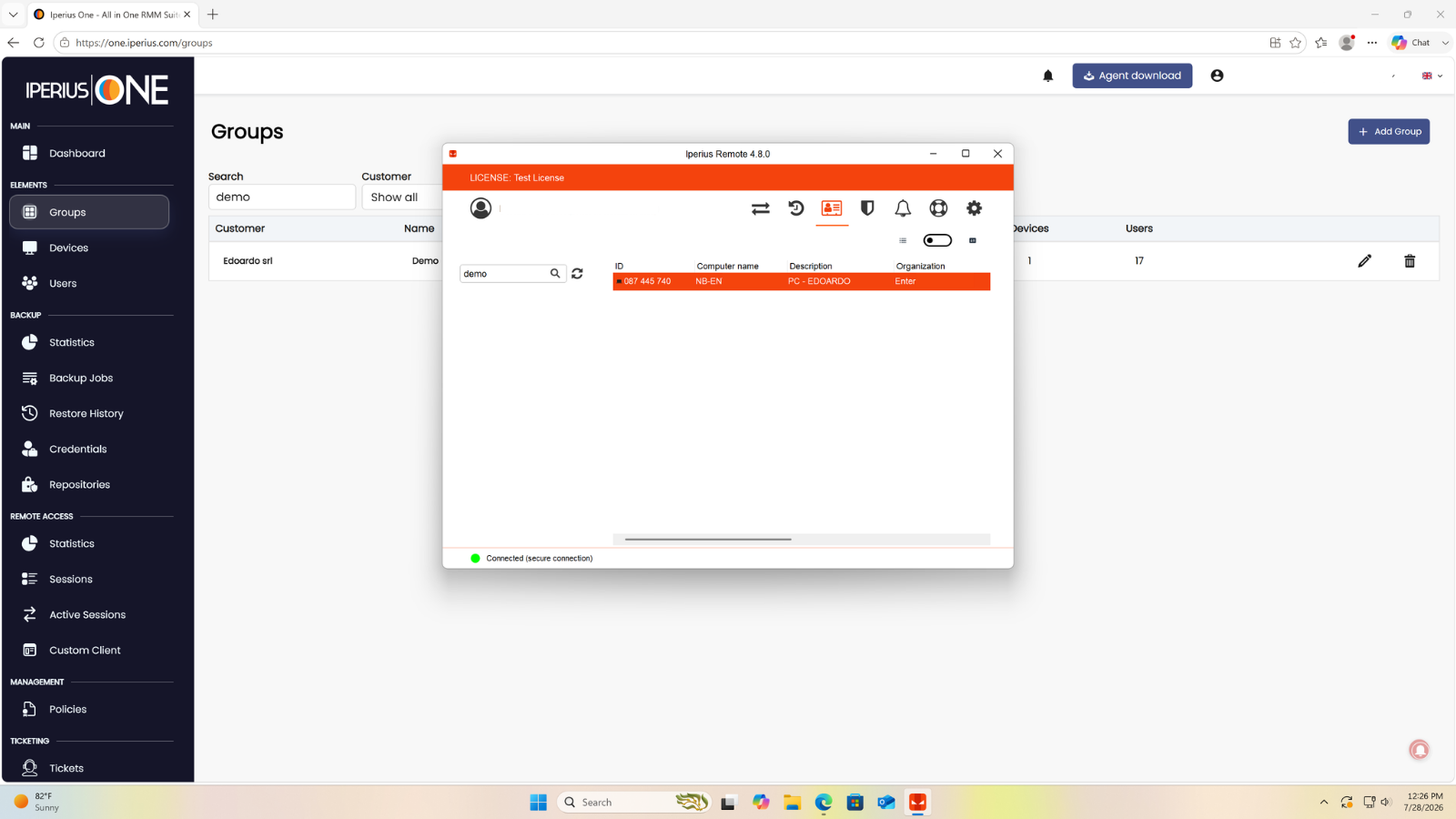 Device visible in the Iperius Remote address book and in the Iperius One group
