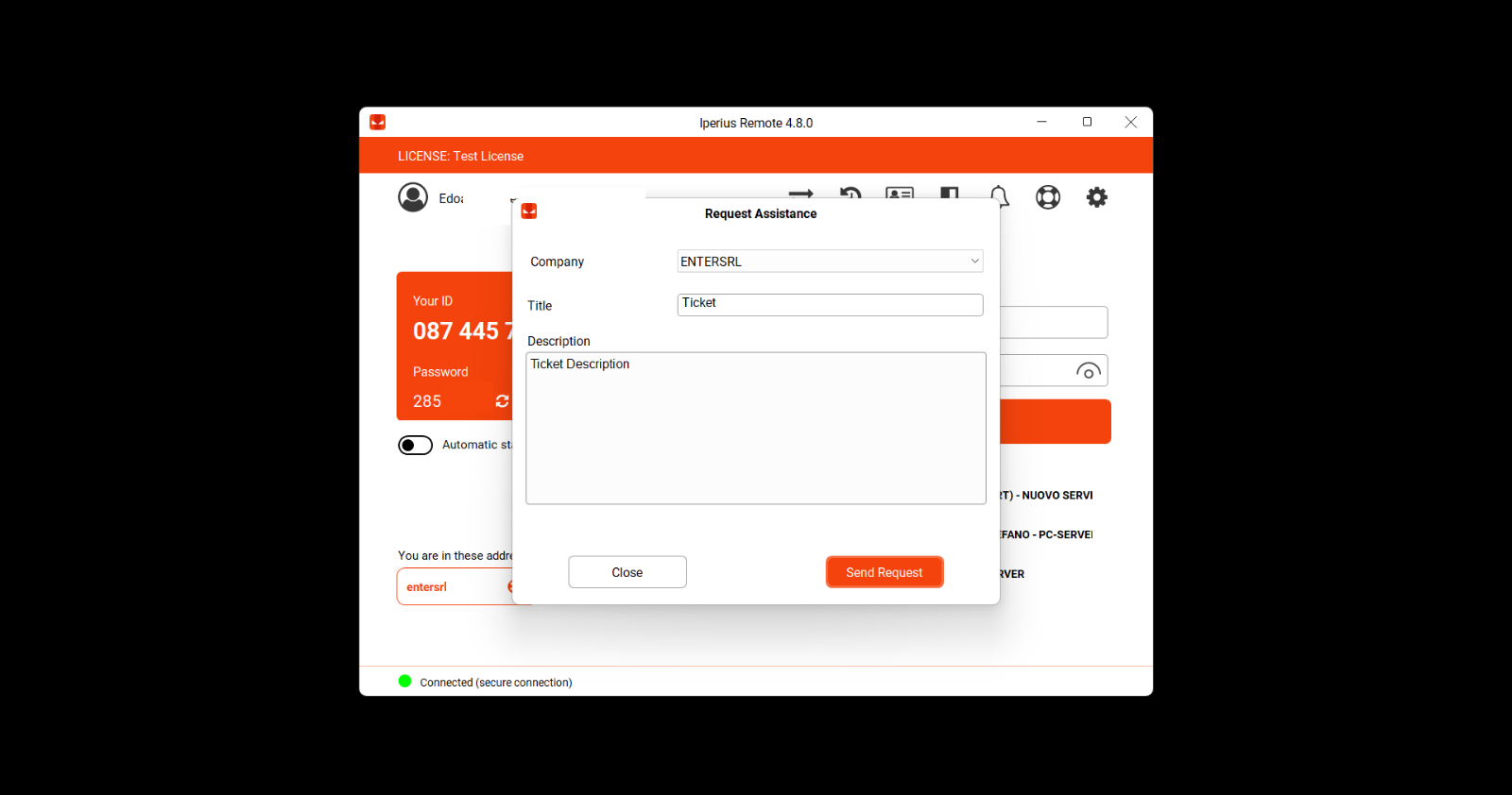 Support request completed with title and description in Iperius Remote