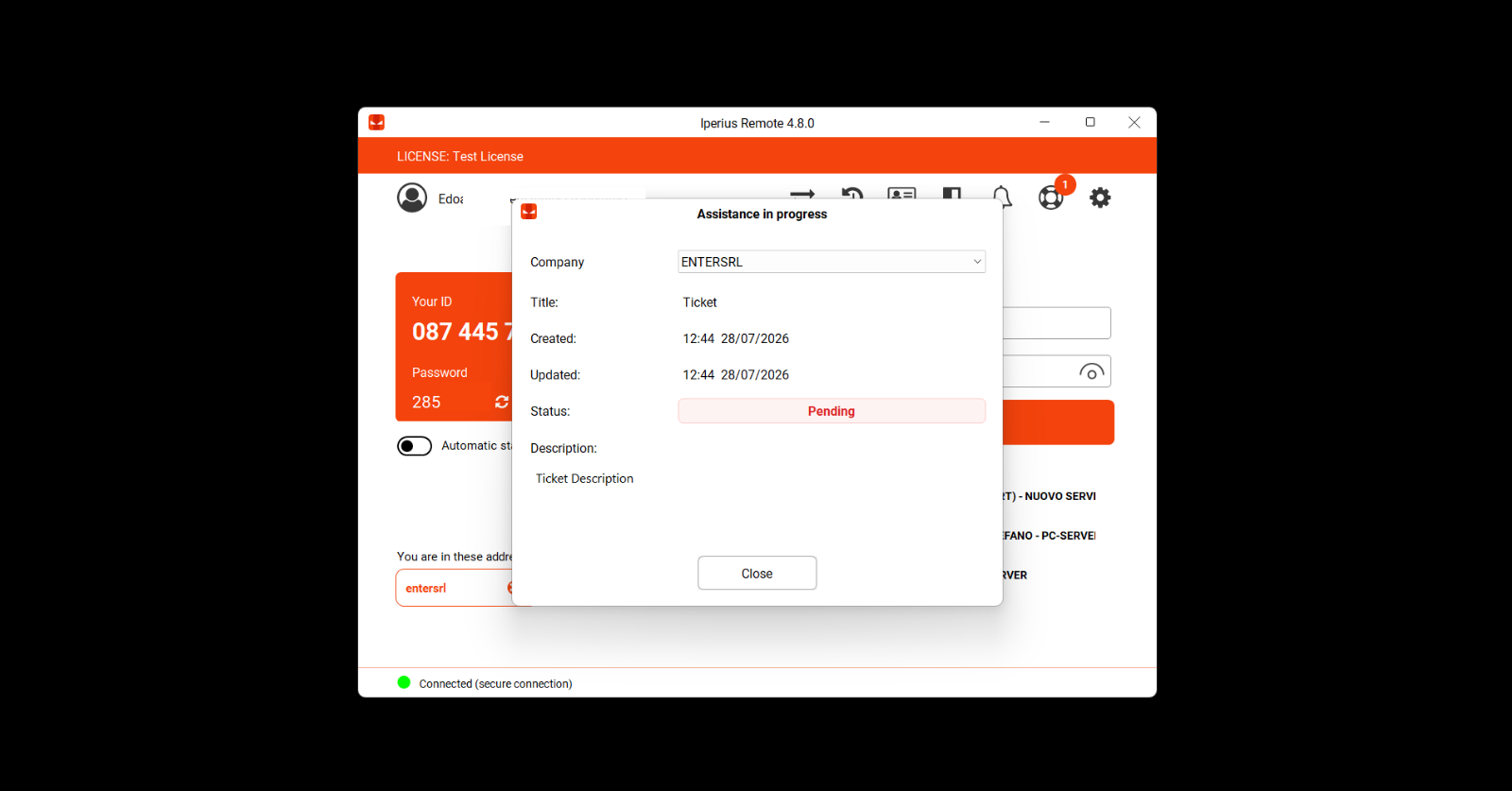 Support ticket with Pending status displayed by the customer